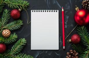 Notizblock mit Bleistift und Weihnachten Dekorationen foto