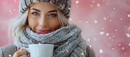 Frau im Hut und Schal halten Kaffee Tasse foto