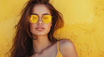 Frau im Sonnenbrille posieren gegen Gelb Mauer foto