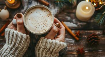 Frau halten Kaffee Tasse durch Kerzen foto