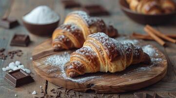 Croissants, Schokolade, Mandeln, und Zutaten auf hölzern Tabelle foto