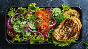 Burger und Salat im schwarz Container auf dunkel Hintergrund foto