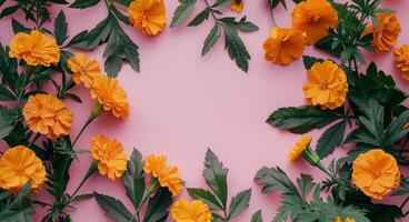 Anordnung von Orange Blumen auf Rosa Hintergrund foto