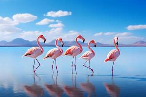 wild afrikanisch Vögel. Gruppe Vögel von Rosa afrikanisch Flamingos Gehen um das Blau Lagune auf ein sonnig Tag, generiert ai foto