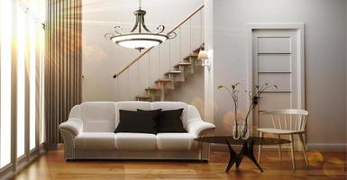 modernes Wohnzimmer mit Sofawandhintergrund, 3D-Rendering foto