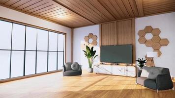 Schrankdesign Granit und Holz im modernen leeren Raum und weiße Wand auf weißem Boden im tropischen Stil. 3D-Rendering