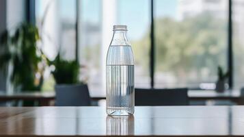 transparent Wasser Flasche auf Tabelle drinnen. hoch Qualität Foto