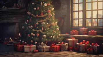 Weihnachten Baum mit Spielzeuge, Geschenke unter das Baum foto