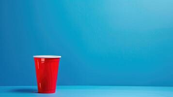 minimalistisch Szene mit ein Solo rot Plastik Tasse Gießen ein Sanft Schatten auf ein glatt Blau Oberfläche foto