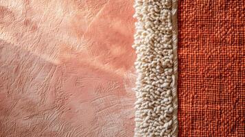 Nahansicht von drei texturiert Stoff Farbfelder im Koralle Töne foto