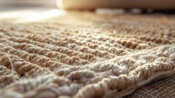 Nahansicht von ein gewebte Teppich gebadet im warm Sonnenlicht, Hervorheben kompliziert Texturen und Handwerkskunst foto