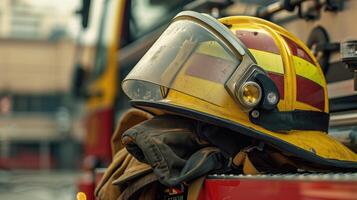 Nahansicht von ein Feuerwehr Gelb Helm mit Visier und Scheinwerfer, platziert auf Handschuhe foto