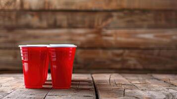 zwei beschwingt rot Party Tassen Stehen Seite durch Seite, bereit zum ein festlich Gelegenheit oder ein freundlich Spiel foto