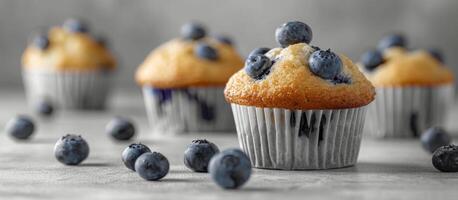 Blaubeere Muffins auf ein Weiß Tabelle foto