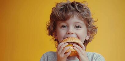 jung Junge Essen Hamburger auf Gelb Hintergrund foto