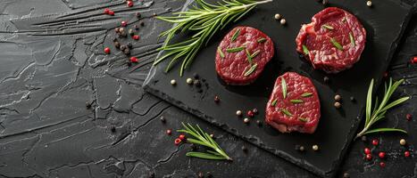 Rindfleisch Steaks auf schwarz Tafel mit Rosmarin und Thymian foto