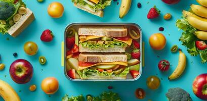 nahrhaft Mittagessen Box gefüllt mit frisch Früchte und Gemüse foto