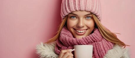 Frau tragen Hut und Schal halten Tasse von Kaffee foto