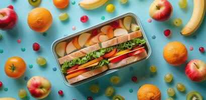nahrhaft Mittagessen Box gefüllt mit frisch Früchte und Gemüse foto