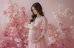 schwanger Frau posieren auf Rosa Hintergrund foto