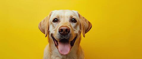 lächelnd Hund auf Gelb Hintergrund foto