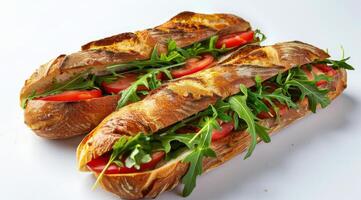 zwei Sandwiches mit Tomaten und Rucola auf Weiß Hintergrund foto