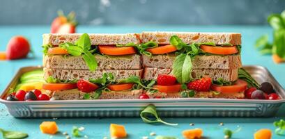 Mittagessen Box gefüllt mit Sandwiches und Obst foto