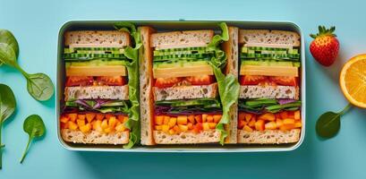 Mittagessen Box gefüllt mit Sandwiches und Obst foto