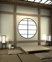 Mock-up-Japan-Zimmer mit Tatami-Mattenboden und Dekoration im japanischen Stil wurde im japanischen Stil entworfen. 3D-Rendering foto