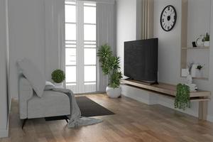 TV-Regal im modernen leeren Raum und Dekorationspflanzen auf weißem Wandboden aus Holz. 3D-Rendering foto