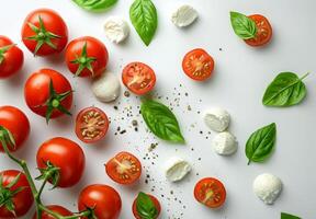 frisch Tomaten, Mozzarella, und Basilikum auf Weiß Hintergrund foto