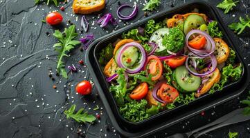 Salat im schwarz Container auf dunkel Hintergrund foto