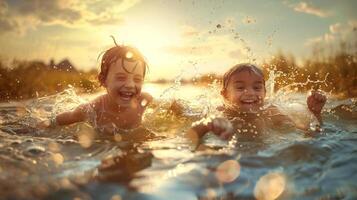 Welt Kinder- Tag Konzept. Foto von Gruppe von Jungs haben Spaß im Wasser. Kindheit im Sommer-