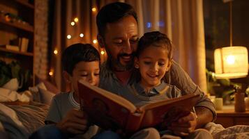 Welt Vaters Tag Konzept. Papa lesen Fee Erzählungen zu seine Kinder. Verbindung Beziehung Foto