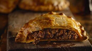 Argentinien traditionell Lebensmittel. geschnitten Empanada Gebäck ausgestopft mit Rindfleisch Fleisch. Süd Amerika Gastronomie foto