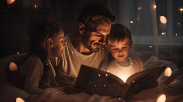 Welt Vaters Tag Konzept. Papa lesen Fee Erzählungen zu Kinder beim Nacht. Verbindung Beziehung Foto