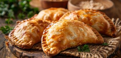 Argentinien traditionell Lebensmittel. gebraten Empanada Gebäck ausgestopft mit Rindfleisch Fleisch. Süd Amerika Küche foto