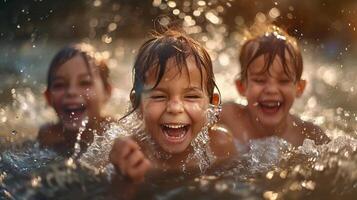 Welt Kinder- Tag Konzept. Foto von Gruppe von Jungs haben Spaß im Wasser. Kindheit im Sommer-