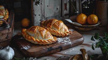 Argentinien traditionell Lebensmittel. gebacken zwei Empanadas Gebäck ausgestopft mit Rindfleisch Fleisch. Süd Amerika Küche foto