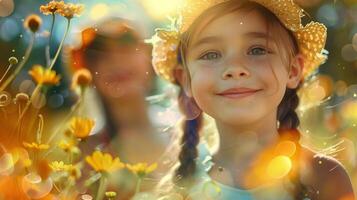 Welt Kinder- Tag Konzept. Foto Porträt von süß lächelnd Mädchen im Natur zwischen Blumen