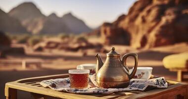 genießen ein Tasse von Tee beim ein Wüste Lager, mit das Berge im Aussicht foto