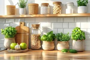 ein Küche Zähler voll von Essen Kochen Werkzeuge und Haushaltsgeräte Fachmann Werbung Essen Fotografie foto