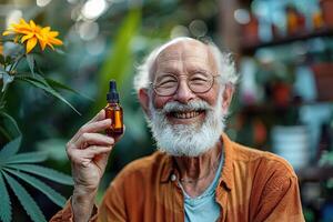 ein froh Alten Mann halten ein Flasche von cbd Öl foto