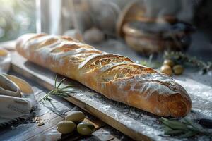 handwerklich Stangenbrot mit Rosmarin und Oliven auf hölzern Tafel. foto