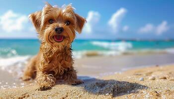 glücklich Yorkie genießen sonnig Strand Tag foto