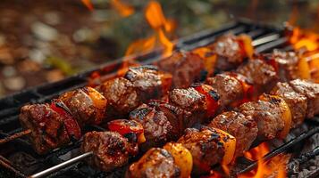 Nahansicht von ein saftig Kebab Spieß brutzelnd auf ein Grill. foto