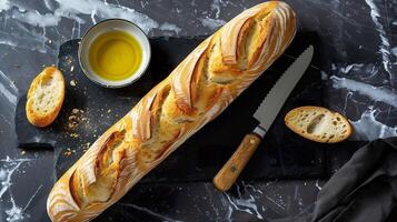 Stangenbrot mit Olive Öl auf Marmor Hintergrund. foto