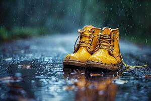 Gelb Stiefel Stehen auf ein nass Pfad während ein Regen Dusche. foto