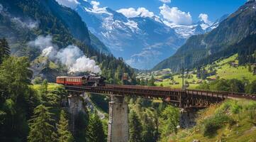 ein Zug ist Reisen Über ein Brücke im das Berge im schweizerisch Alpen foto