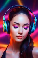 Mädchen im Kopfhörer hört zu zu Musik- im ein Nachtclub foto